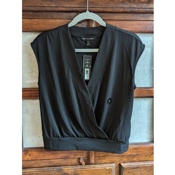 NWT Banana Republic x Repreve Black Crepe Faux Wrap Top, Size PS - Picture 1 of 3